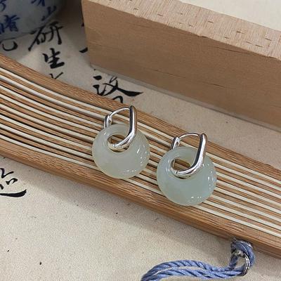 Hotan Jade Safe Buckle Earrings Simple New Chinese Style Earrings National Style High-end Earrings