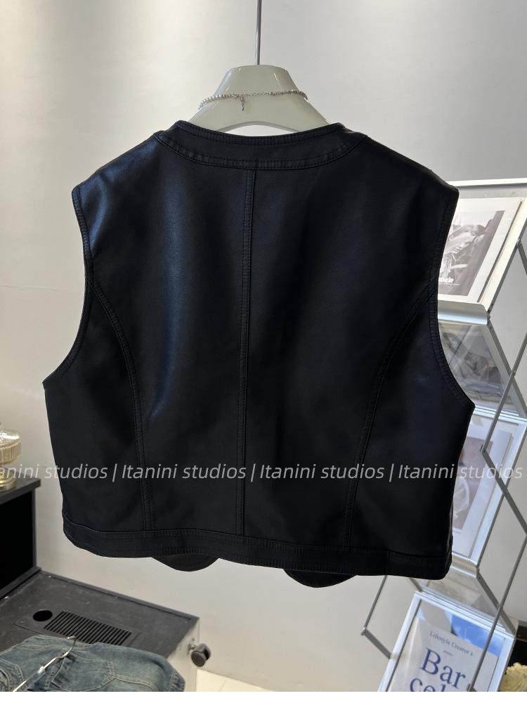 Women's PU Leather Motorcycle Vest - Short Sleeveless Waistcoat, 2025 Autumn Korean Style Outerwear