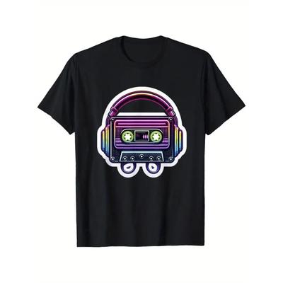 Neon Retro Cassette Tape Graphic Tee Vintage 80s Music Print Casual Crew Neck Cotton T-Shirt