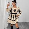 High-Waisted Long-Sleeve Round Neck Puff Sleeve Printed Dress for Women