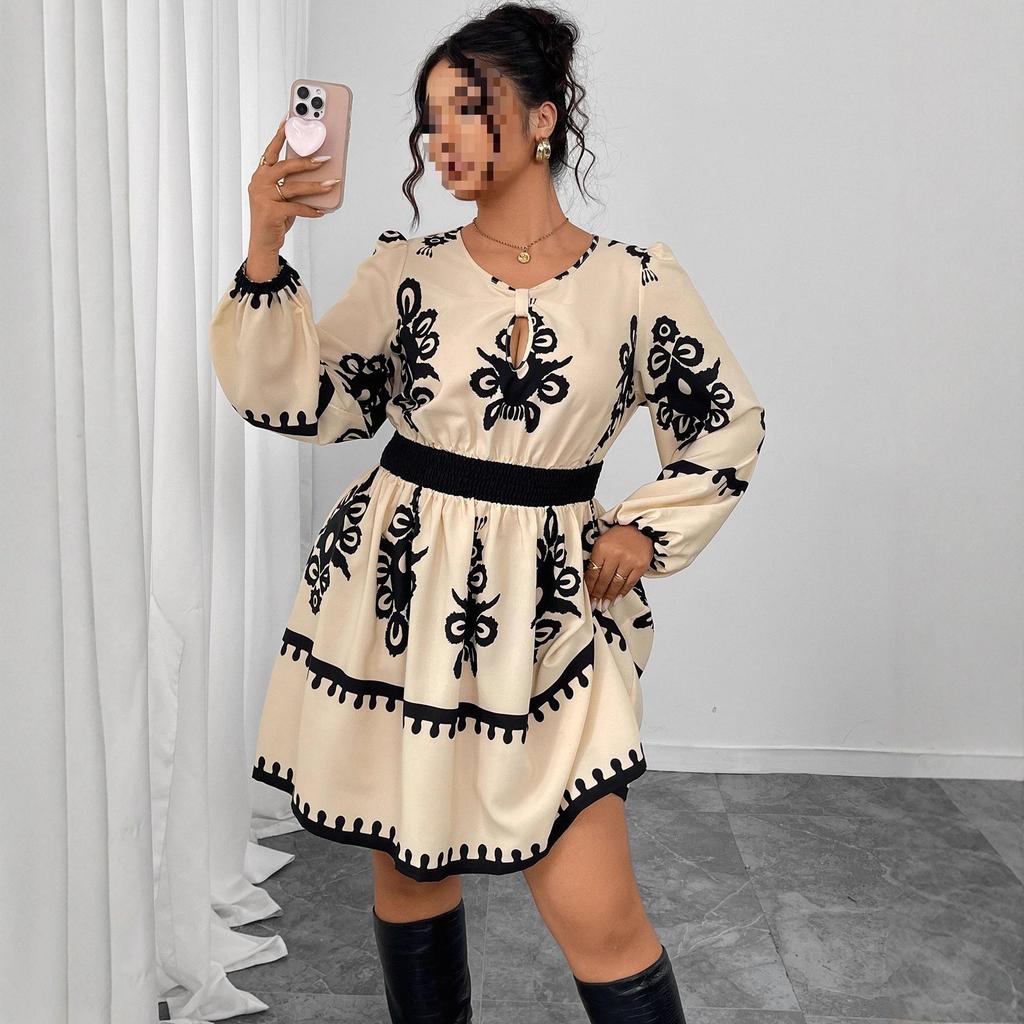 High-Waisted Long-Sleeve Round Neck Puff Sleeve Printed Dress for Women