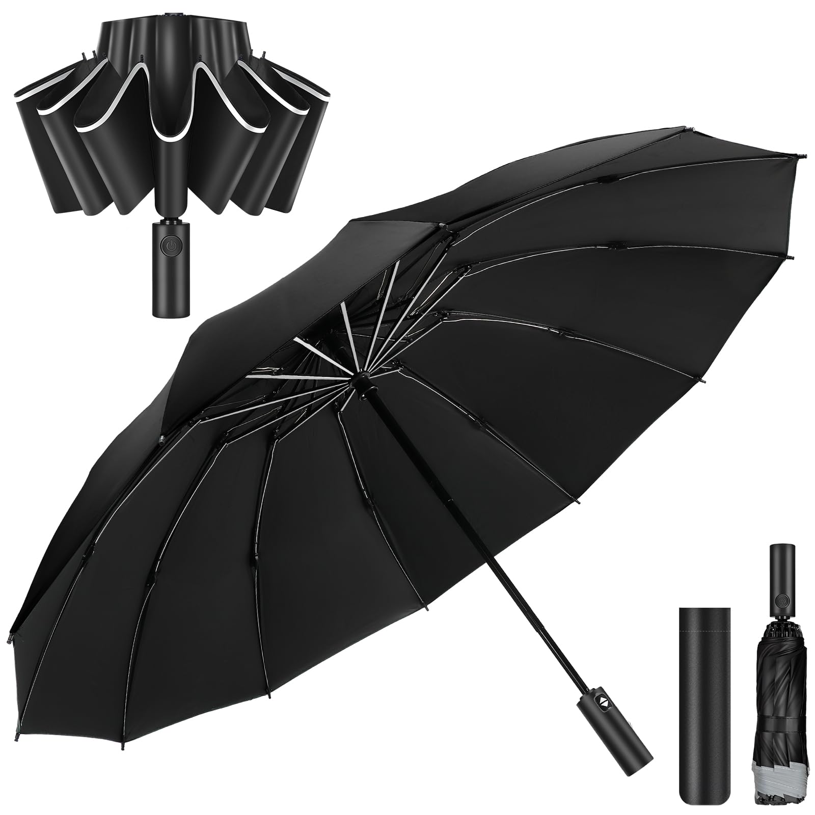 

Moon River Автоматический складной зонт-парасоль 12 спиц, подходит для тайфунов и дождливой погоды, от солнца и УФ-лучей, со светоотражающим элементом, включает чехол для зонта, зонт, одно касание чёрный