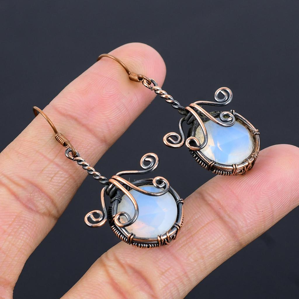Milky Opal 999 Copper Wire Wrapped Earrings, Handmade Gemstone Earrings Jewelry, Gifts For Wife Brand New Earrings