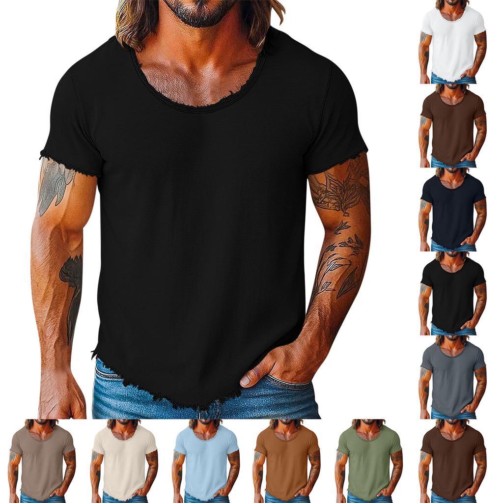 Men Casual Short Sleeve T Shirt Distressed Raw Edge Crew Neck Lightweight Summer Tee for Everyday Wear