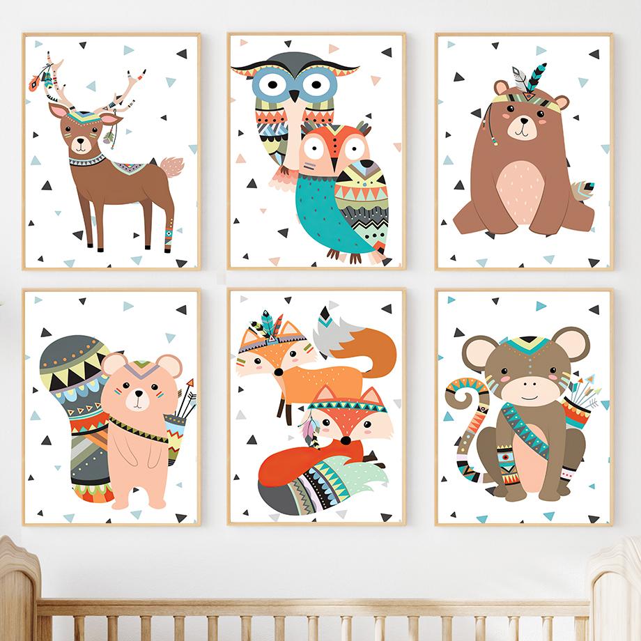 kawaii Bear Deer Owl Fox Monkey Feather Nursery Animal Posters And Prints Wall Art Canvas Painting Pictures Baby Kids Room Decor