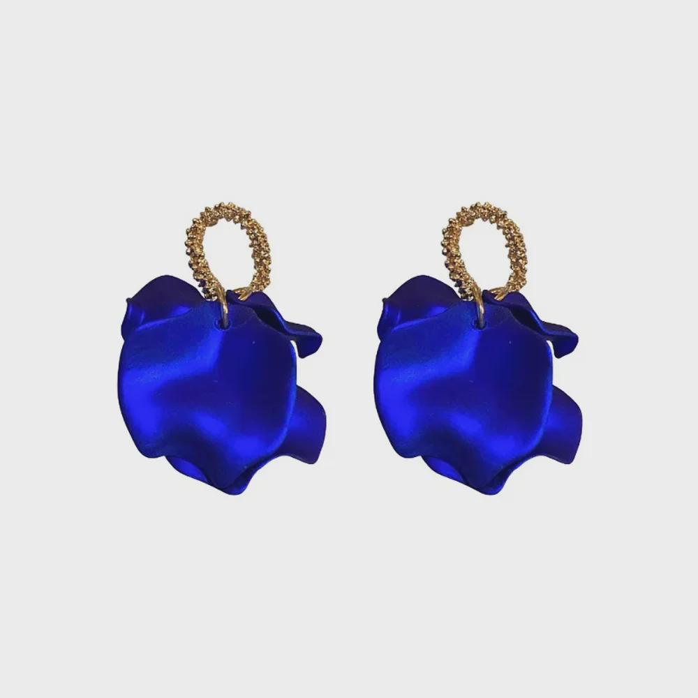 Silver Needle Blue Enamel Petal Earrings - Elegant Niche Design Studs