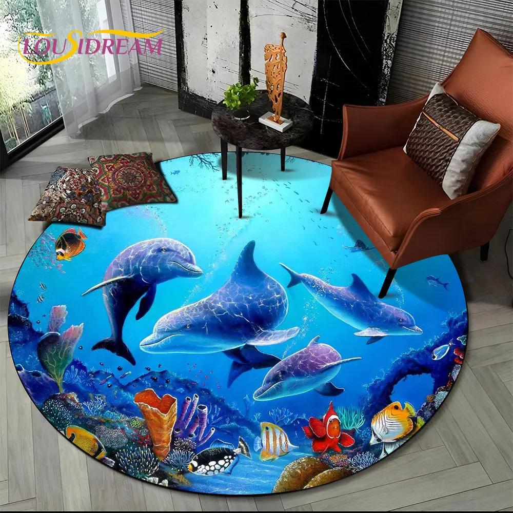 3D Seabed Illusion Underwater World Dolphin Round Area Rug,Carpet for Living Room Bedroom Sofa Playroom Decor,Non-slip Floor Mat