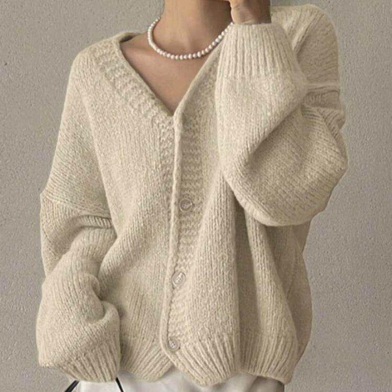 Knitted Cardigan for Women 2025 Autumn and Winter New Style Casual Loose V Neck Lantern Sleeve Knitted Sweater Top Pullover Sweater for Women