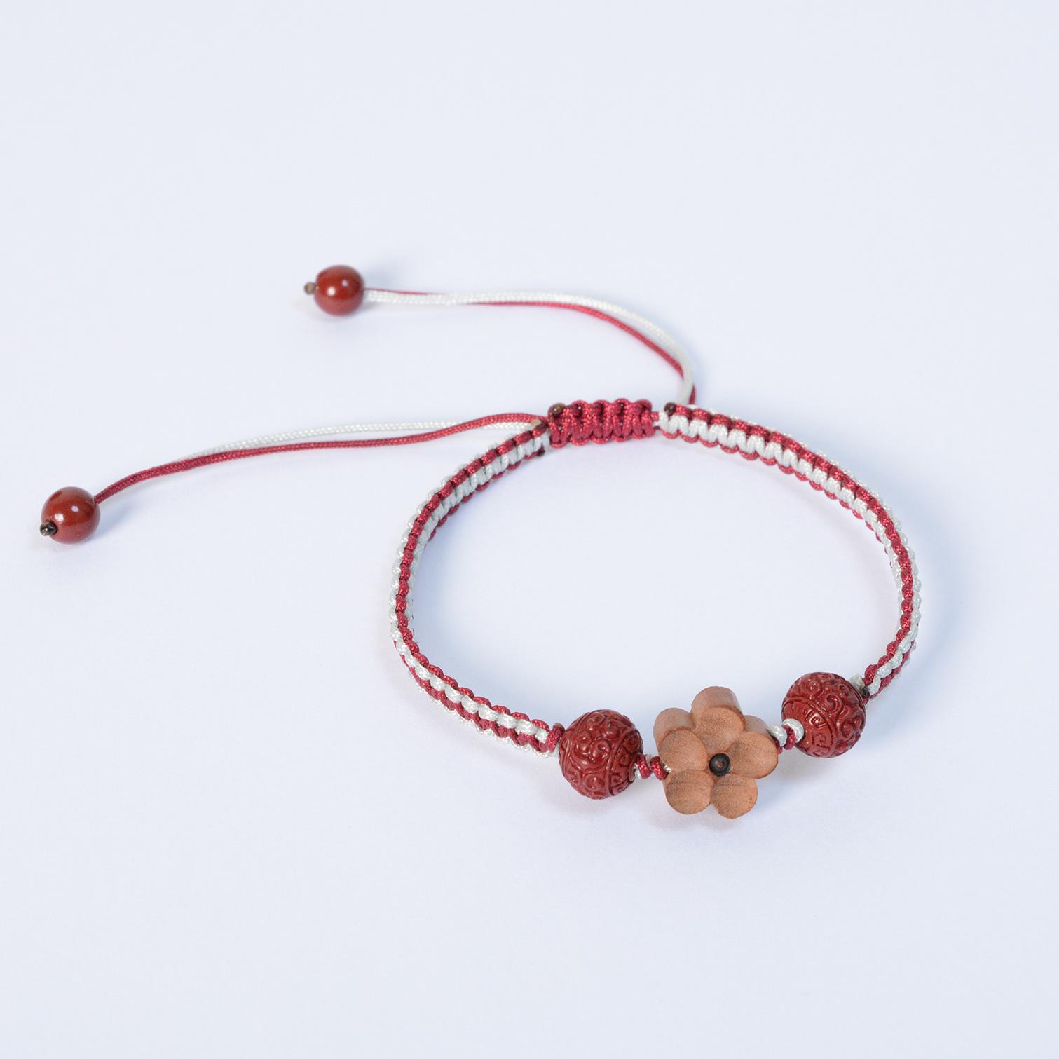 Hand-Woven Cinnabar Peach Wood Zodiac Bracelet - Red Rope Couples Design