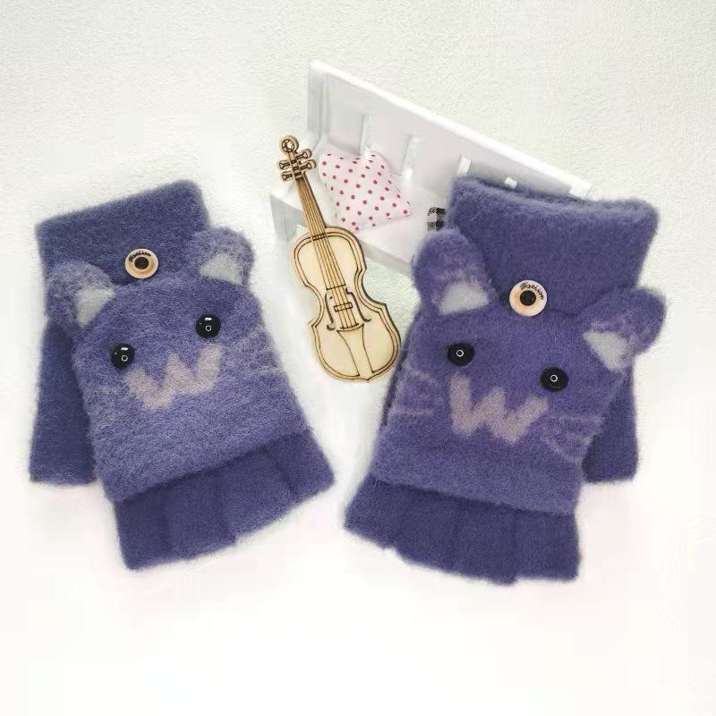 Dětské zimní teplé a proti omrzlinám ruce roztomilé kreslené pletené rukavice bez prstů s odklápěcím palčákem pro chlapce a dívky, starší děti a studenty