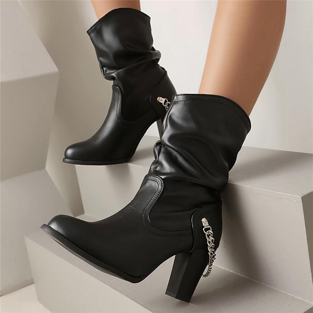 Fashion Pleated Mid-calf Boots For Women Shoes Block Heeled Chain Ankle Boots Casual Women's Autumn Winter Shoes Black Leopard Size35-48