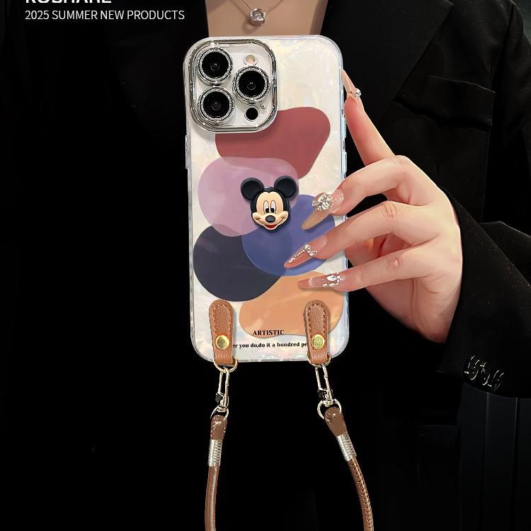 Color block Mickey doll lanyard suitable for Apple 16 cute mobile phone case 13promax cartoon 15 all-inclusive anti-drop 17
