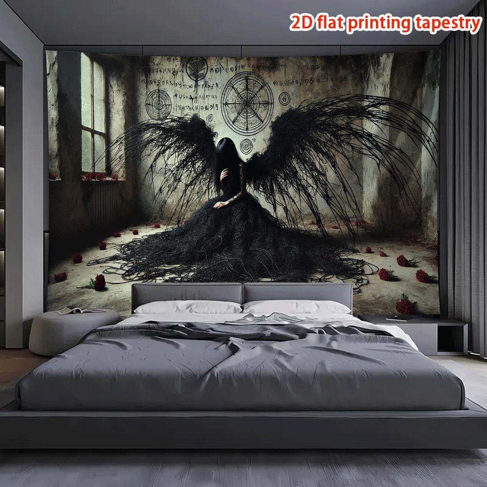 Gothic Fallen Angel Wall Hanging Tapestry, Dark Occult Symbol Art Decor Fabric, Unique Mysterious Ornament For Home Room