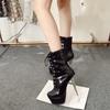 High Heeled 14cm Short Boots for Women, Front Lace Up, Side Zipper, Waterproof Platform, Slim Heel Boots Womens Shoes