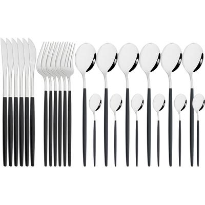 Ensemble de 24 pièces de couverts en acier inoxydable noir argenté Four Cuillère à café Couteau Argenterie Miroir Vaisselle Couverts de table Ensemble de vaisselle de cuisine