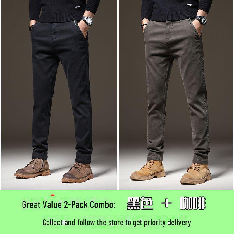 

2024 Мужские узкие прямые повседневные брюки — плотные, эластичные, теплые, высококачественный деловой стиль для осени и зимы 38 чёрный/кофейный