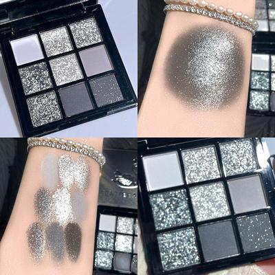 9 barev Matná třpytivá paleta očních stínů Třpytivý make-up očních stínů Studený šedý černý lesklý oční pigment