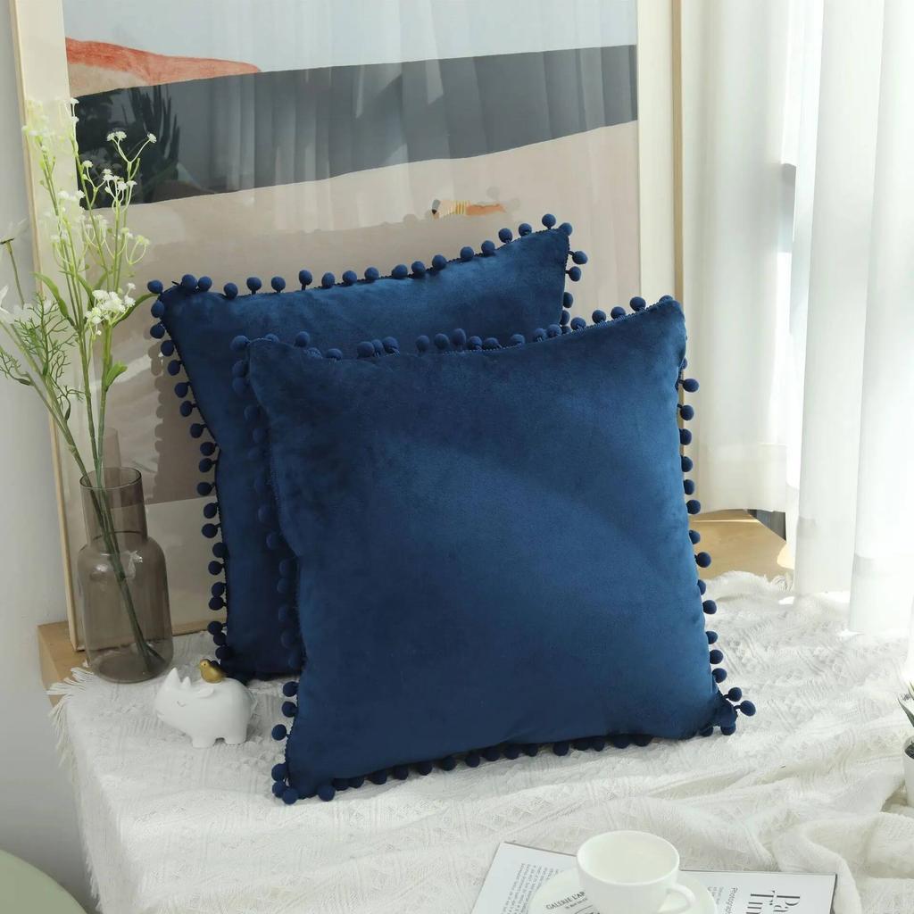 Velvet Pillow Cover with Ball Lace, Soft Cushion Cover, Monochrome, Modern and Simple, Fur Ball, 30x50, 40x40, 50x50, 65x65cm