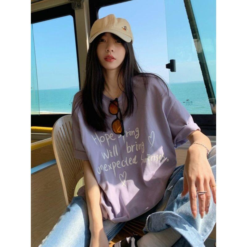 

Plus-Size Niche Design Printed Short-Sleeve T-Shirt for Women, Summer Loose Fit Slimming White Top for Chubby Girls, Age-Reducing Style Purple XXL [Recommended 130-145]