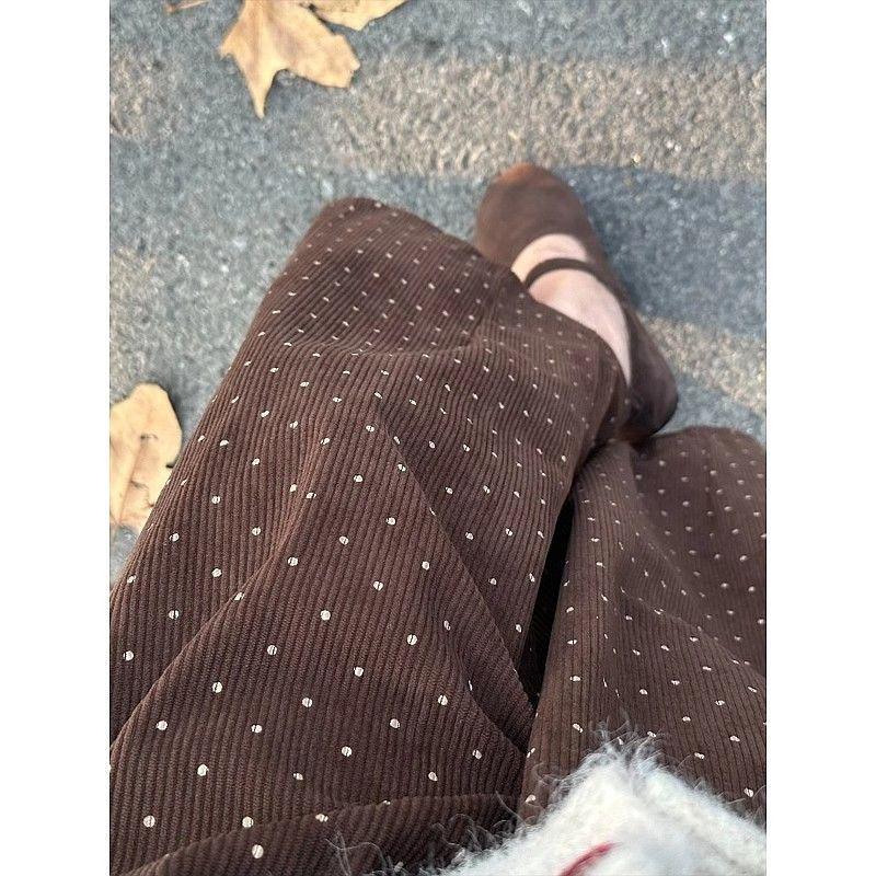 Women's Plus Size Corduroy Polka Dot Wide-Leg Pants - Korean Style, Slimming, Thickened for Winter, Casual and Petite-Friendly.