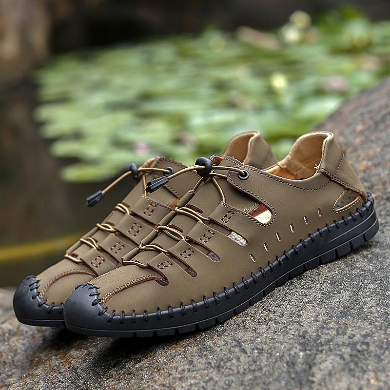 

Мужские сандалии, летние кроссовки с защитой от столкновений, уличная прогулочная повседневная обувь, кожаные походные мужские тапочки, пляжная обувь для прогулок, размеры 38-48 45 хаки