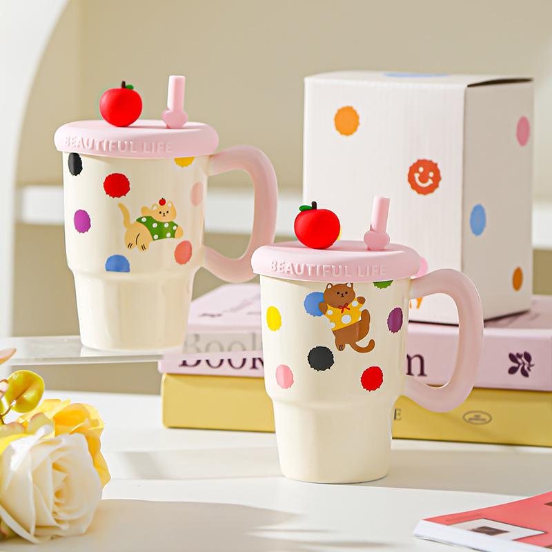Apple Sippy Cup for Girls Birthday Girl Heart Cat Sippy Cup Cute Ceramic Mug Souvenir Gift Box