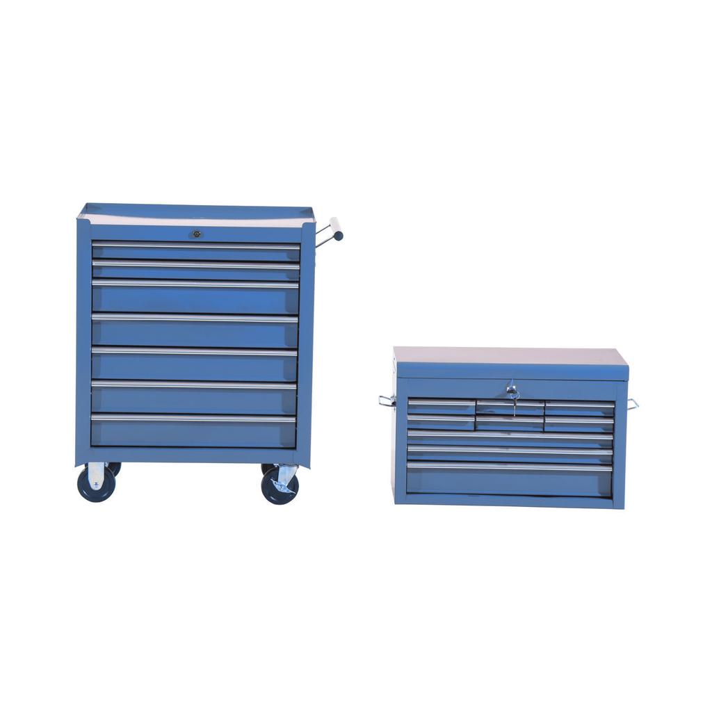 Workshop Trolley with Tool Box, Empty Lockable Tool Cart with Drawers, Tool Compartment, Keys and Non-Slip Mats, Blue