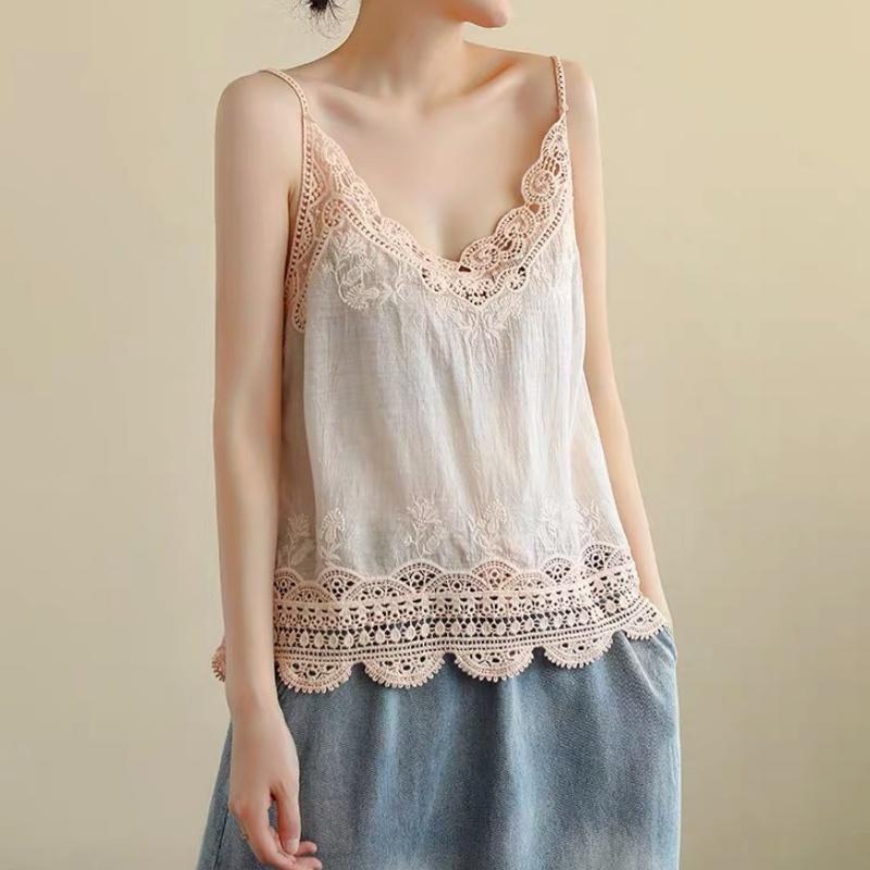 

Summer Women s Hollowed Flower Embroidered Cotton Linen Tops Casual Summer V-Neck Loose Fit Camisole Women Streetwear One Size світло-рожевий колір