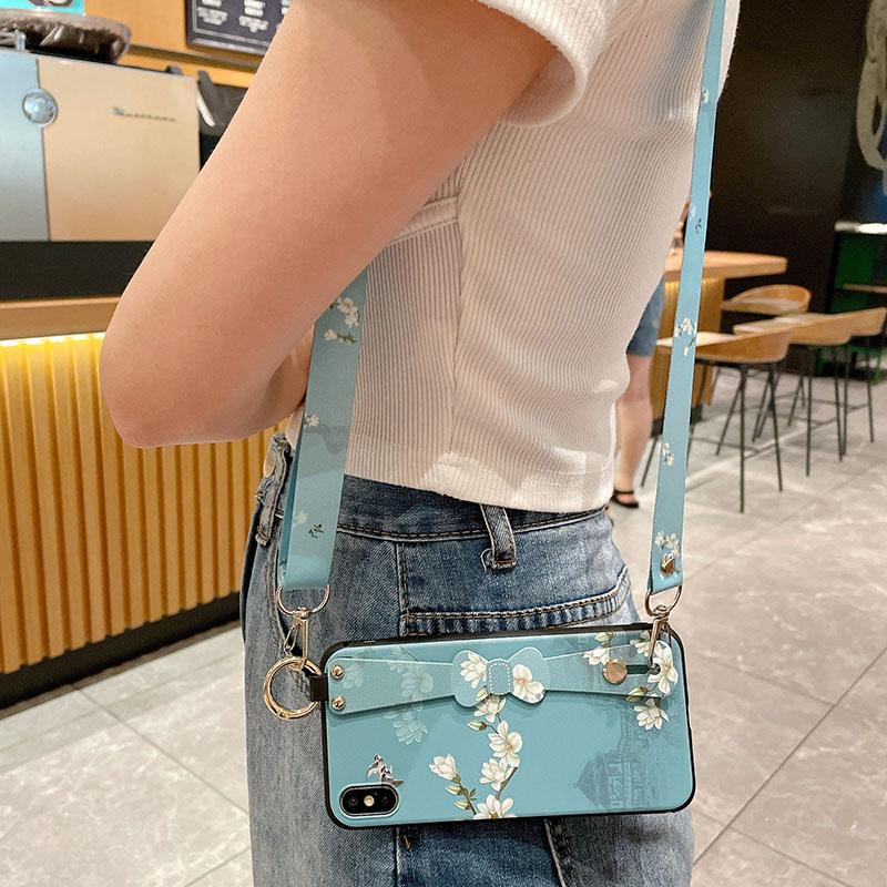 Crossbody Lanyard Case For iPhone 15 16 14 13 12 11 Pro Max 16E 17 Xs XR 7 8 Plus Flower Bow Neck Wrist Strap Phone Holder Cover