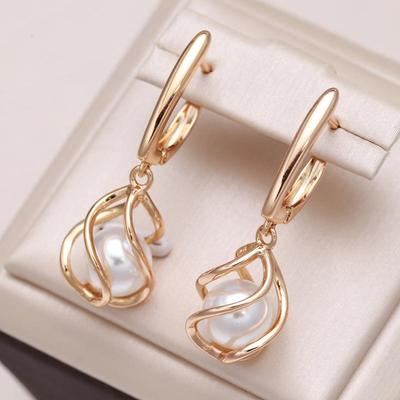 Minimalist Hollow Spiral Pearl Dangle Earrings Rose Gold Color Women Jewelry