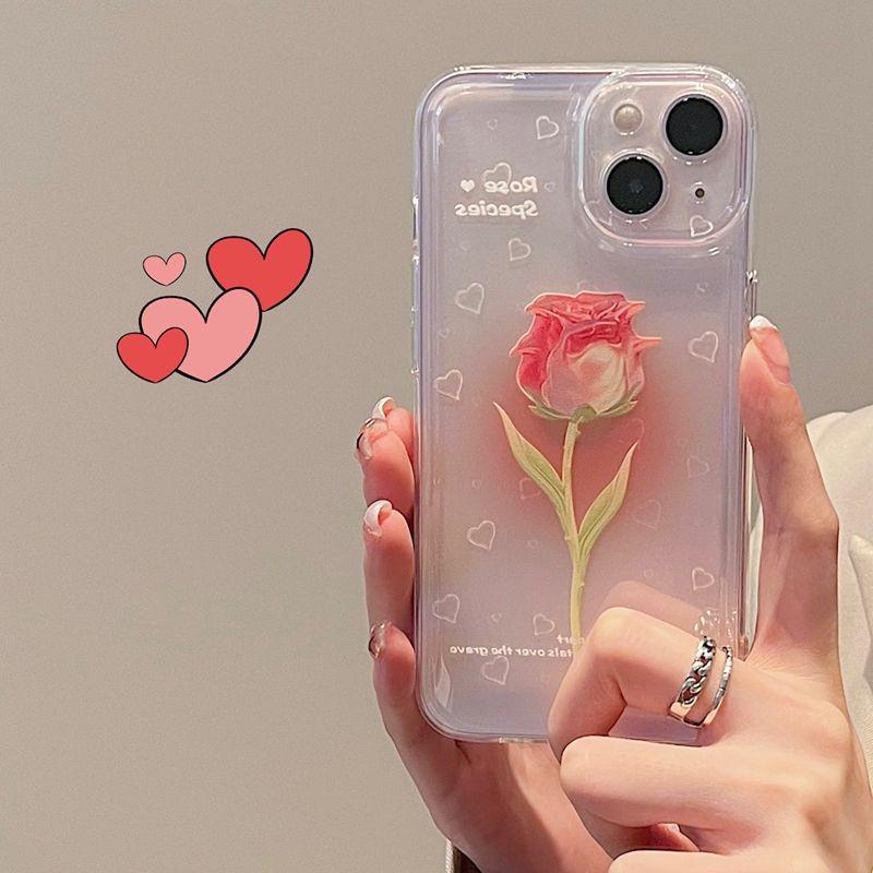 "INS Pink Rose Transparent Protective Phone Case for iPhone 11, 12, 13, 14, 15"