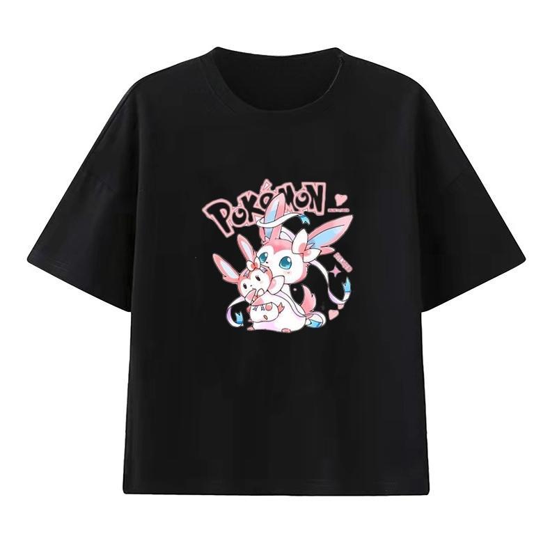 Pokémon Handheld-Spiel Evoli Cartoon-Print T-Shirt Sommer Herren und Damen Übergröße Trend Locker Lässig Kurzarm-Top