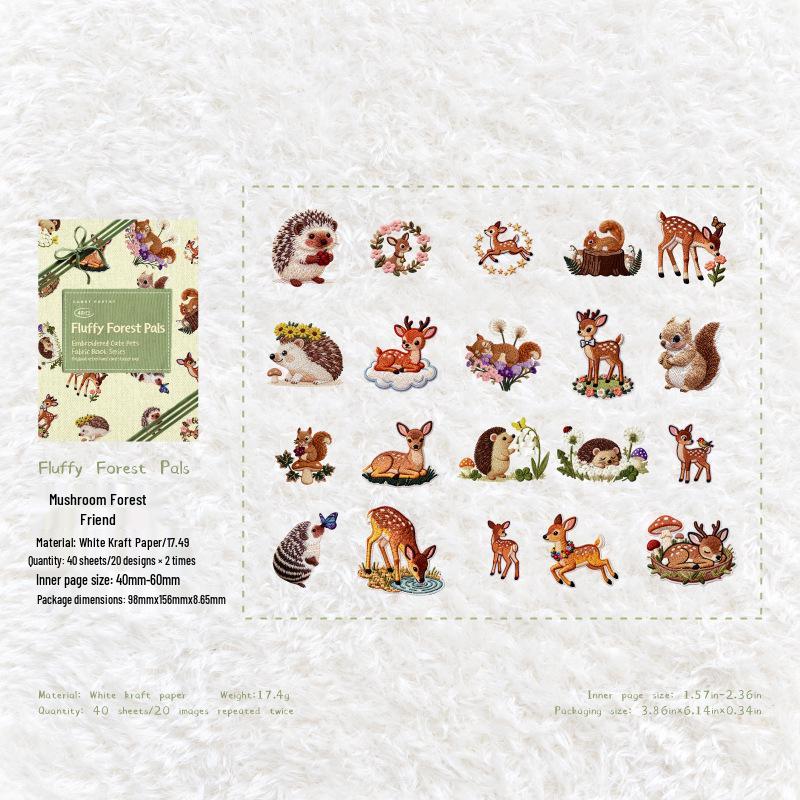 Embroidered Cute Pet Book Series: 40-Sheet Animal Stickers on White Kraft Paper