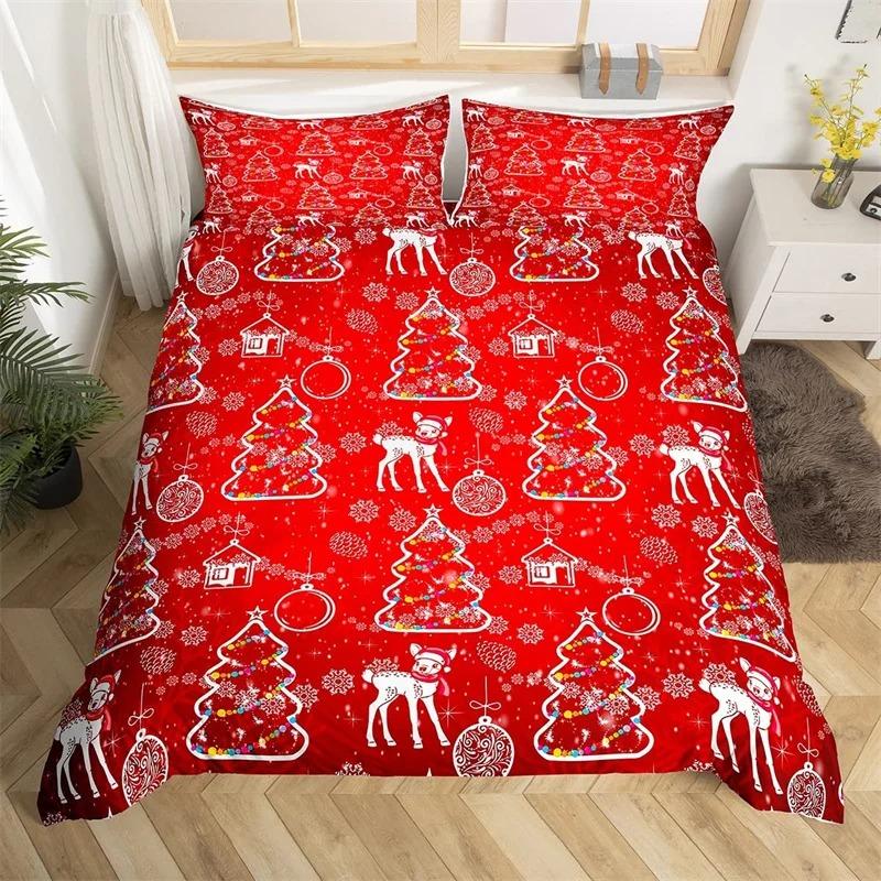 Merry Christmas Duvet Cover Set Happy New Year Comforter Cover Microfiber Xmas Deer Elk Bedding Set Twin For Boys Girls Bow Gift
