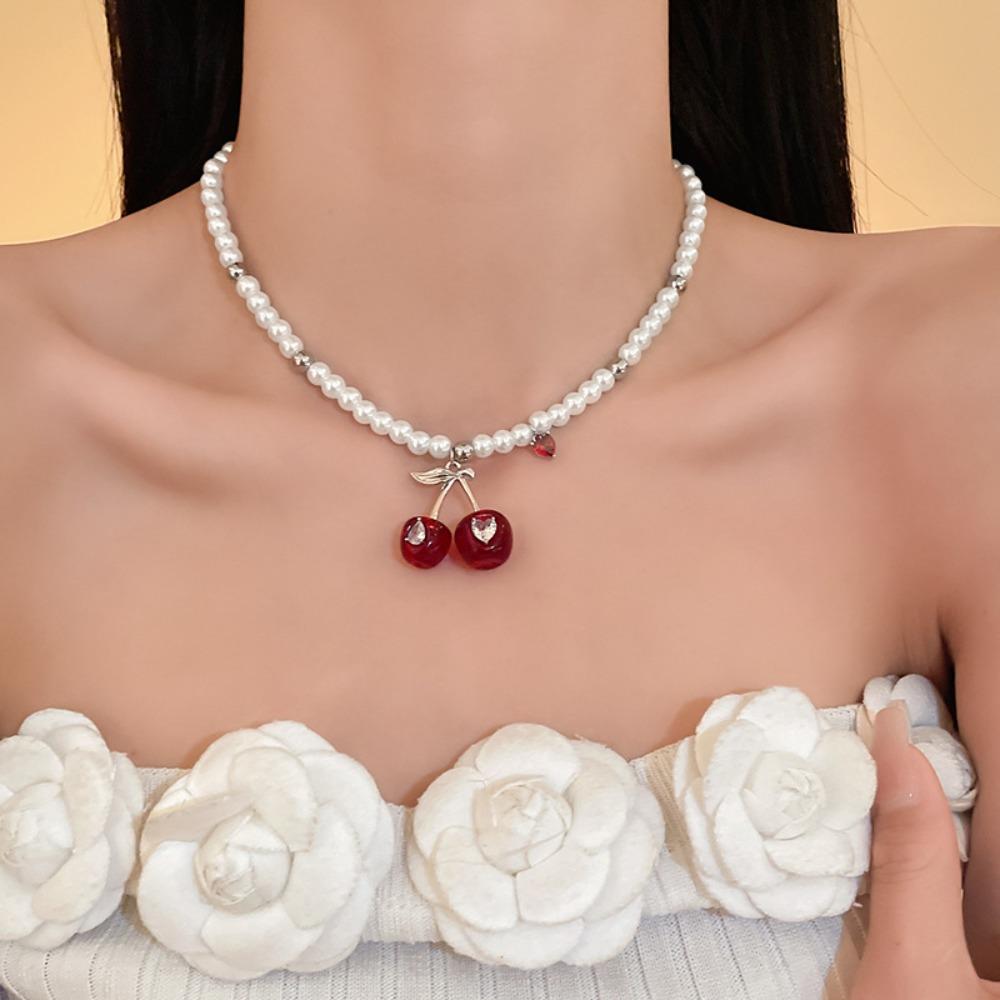 Pendant Cherry Necklace Heart Crystal Ear Studs Exquisite Cherry Jewelry Set  Gift