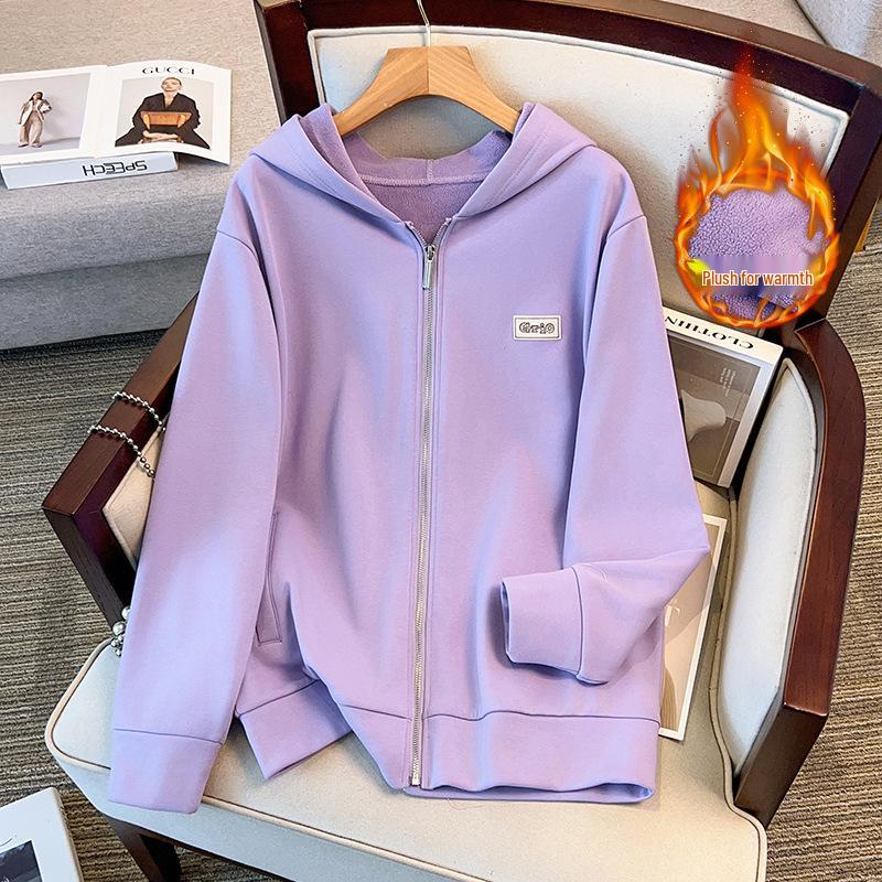 Women's Plus Size Super Loose Fleece-lined Hoodie Cardigan, Bust 150/170