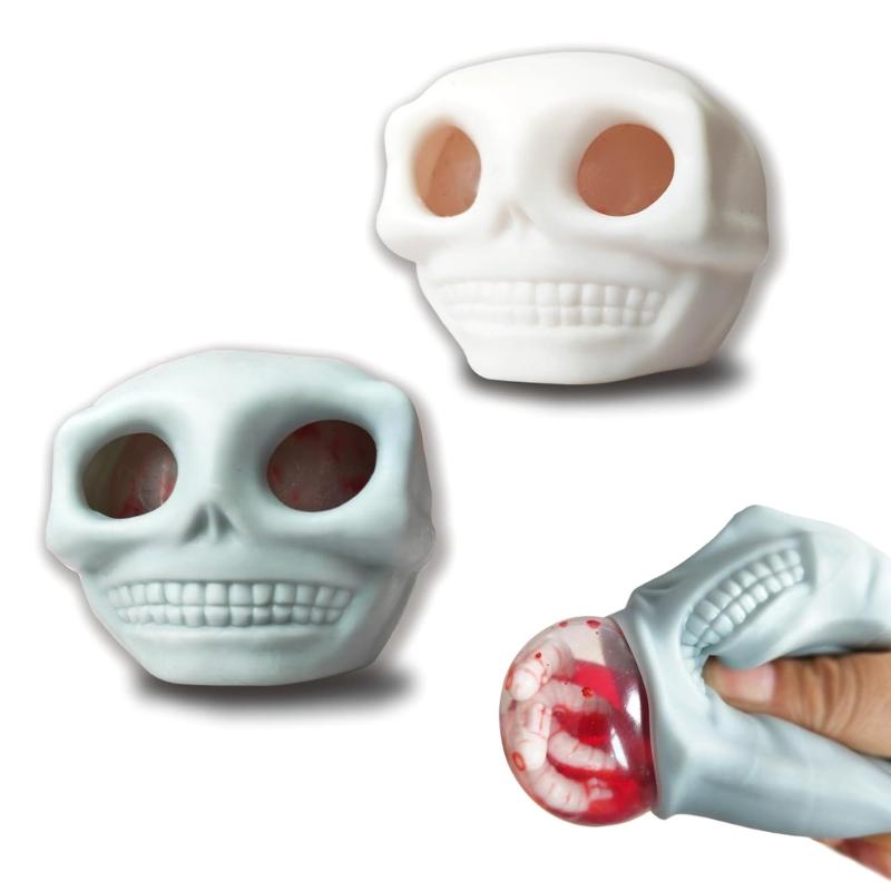 Halloween Prank Toy Soft Silicone Skull With Exploding Eyeballs And Worms Stress Relief Gadget Squeeze Skull Toys
