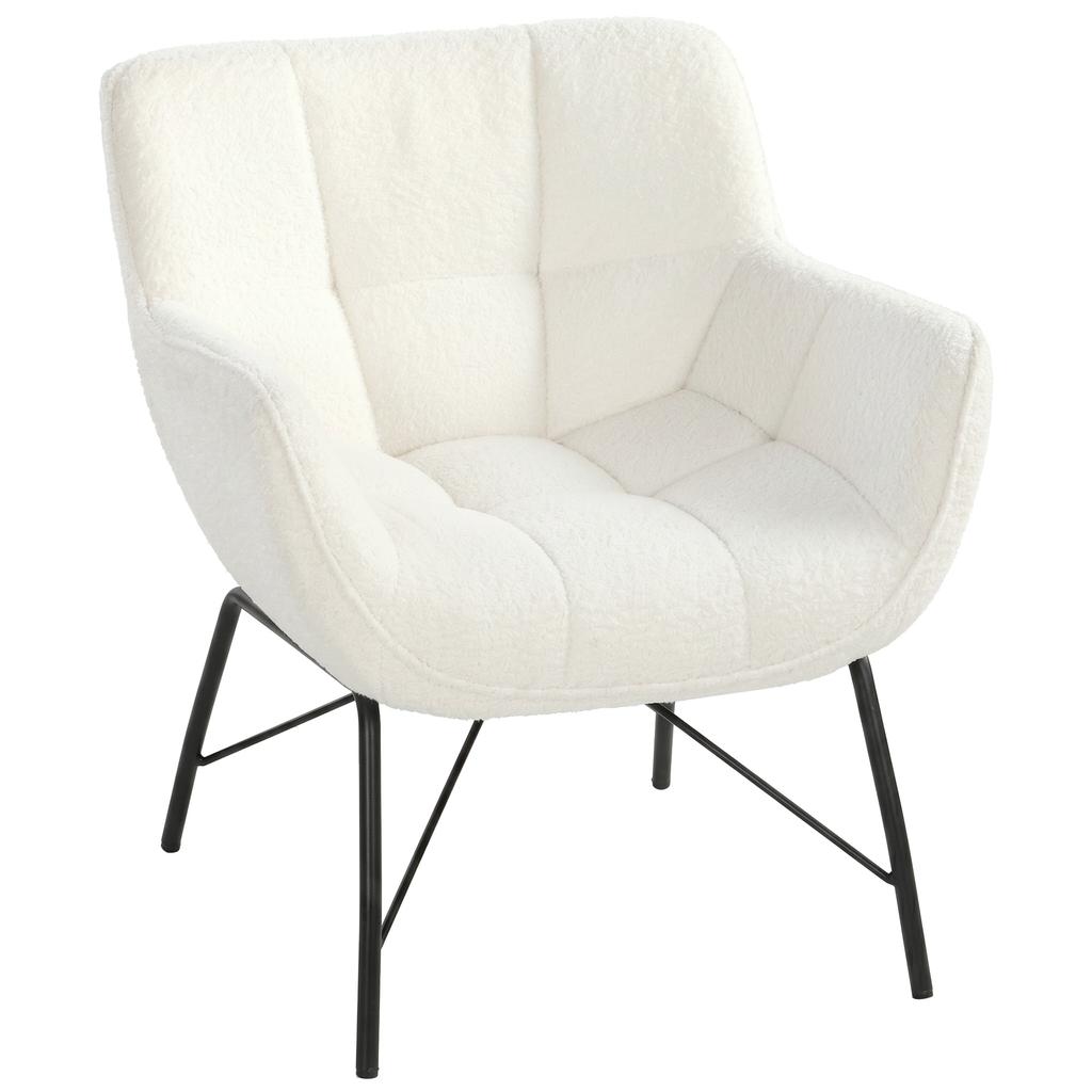 Modern Lounge Chair, Sherpa Fleece Chair with Curved Backrest, Integrated Armrests, Metal Legs, Cream White