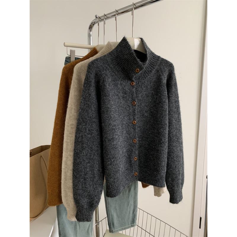 Korean Minimalist Wool High Neck Women's Button-Up Cardigan – Trendy Autumn/Winter Knitwear