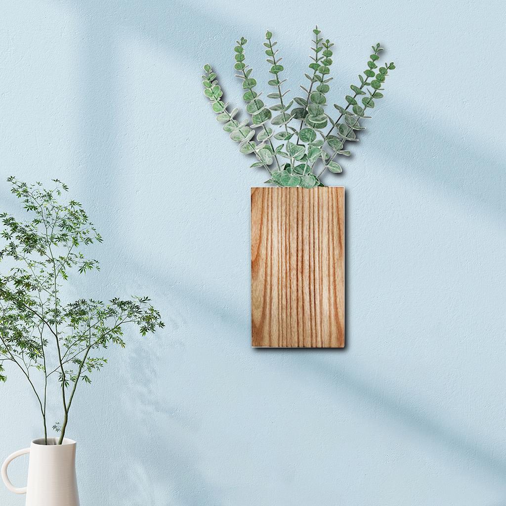Wooden Wall Planter With Artificial Plants, Indoor Wooden Pocket Vase