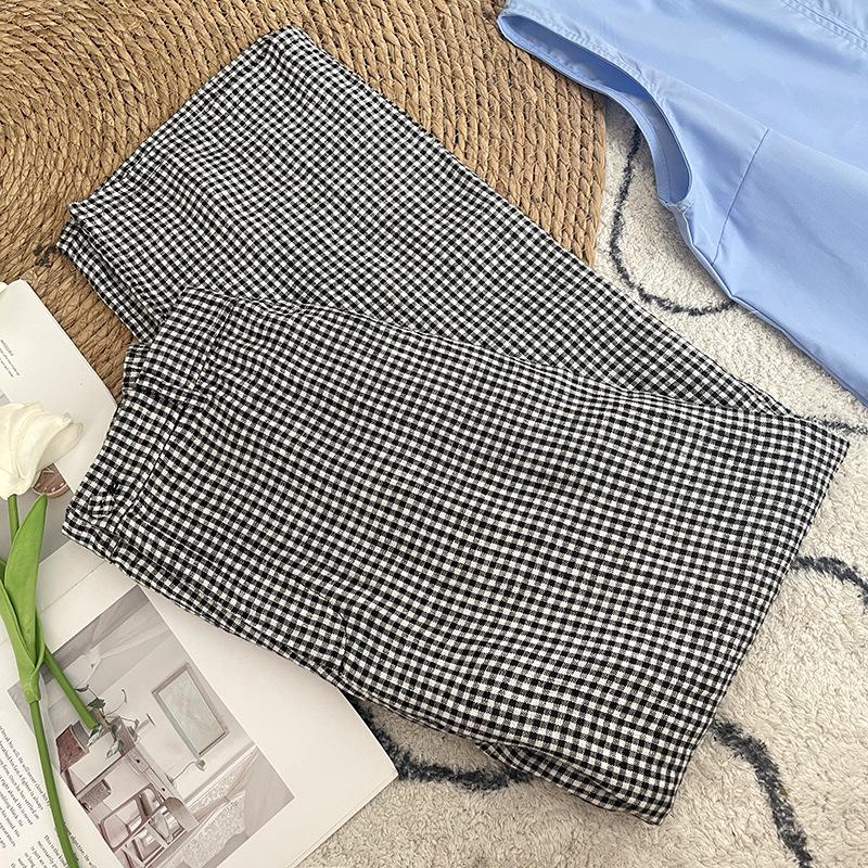 High-End Women's Plaid Cotton-Linen Pants, Summer 2025 Style, High-Waisted Slimming Straight-Leg, Versatile & Casual.