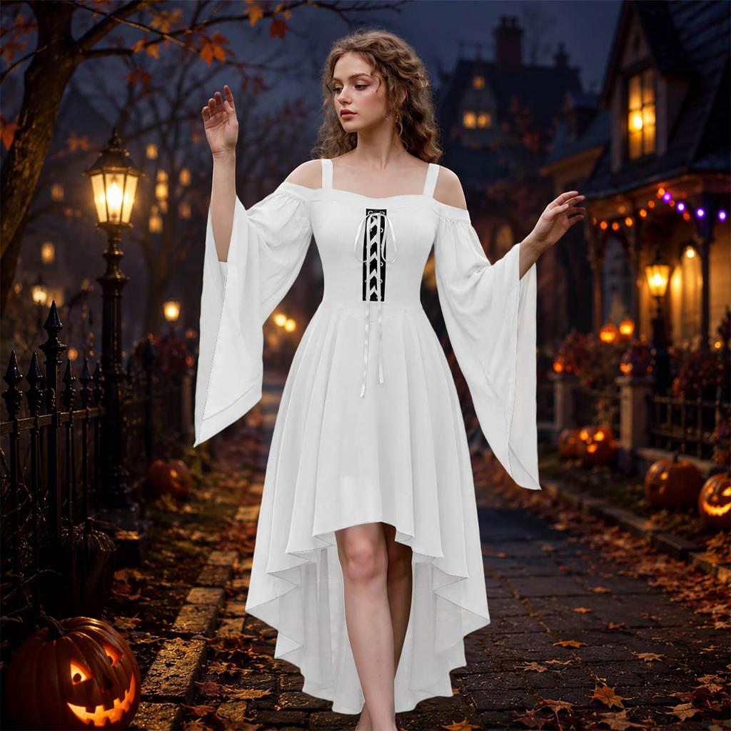 Women's Gothic Off Shoulder Spaghetti Strap Color Chiffon Dress with Butterfly Sleeves and Irregular Hem