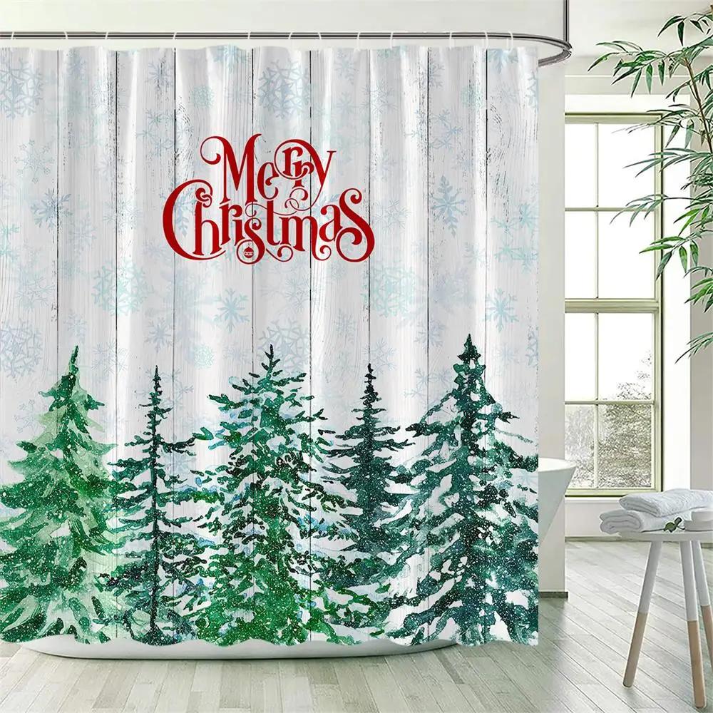 Winter Snowy Forest Shower Curtains Pine Tree Deer Snowflake Xmas Christmas Holiday Rustic Farmhouse Bathroom Decor with Hooks