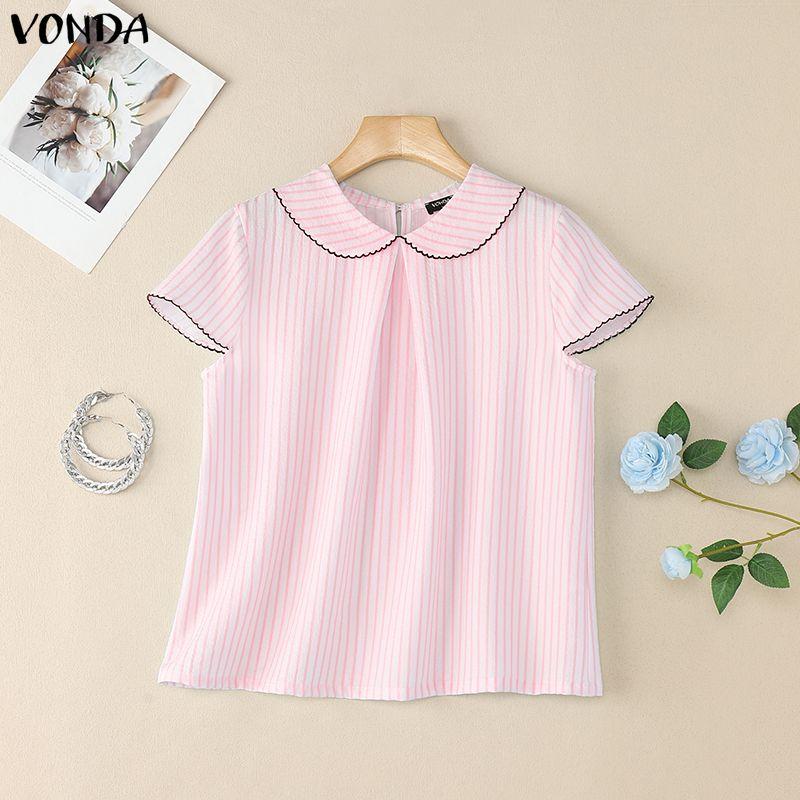 VONDA Summer Women Striped Print Casual Short Sleeve Blouse T-shirts