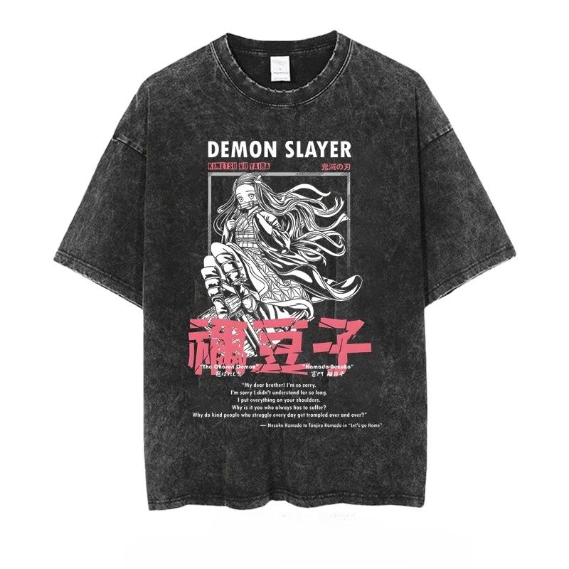 Men's T-shirt Anime Demon Slayer Printed Washed Vintage Loose Fit Women's Short-sleeved Tee Oversized Gym Y2k Clothes Top Summer