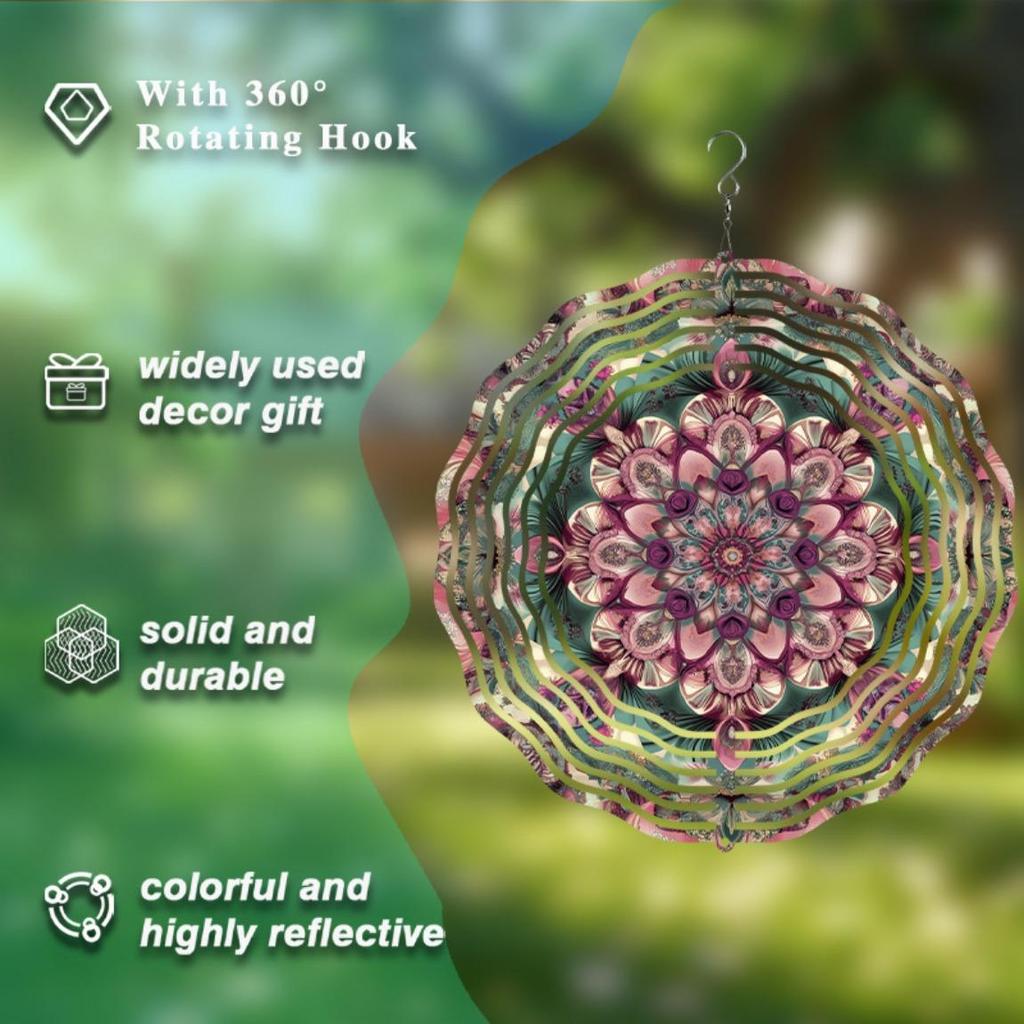 10 Inch Metal Wind Spinner with 360 Swivel Hook Mandala Design Garden Decor Outdoor Art Hanging Ornament for Patio Yard Gift