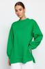Women's Fashionable Stylish Sweatshirt Green Oversize Wide Fit Slit Detailed Thick Inside Fleece Knitted Sweatshirt