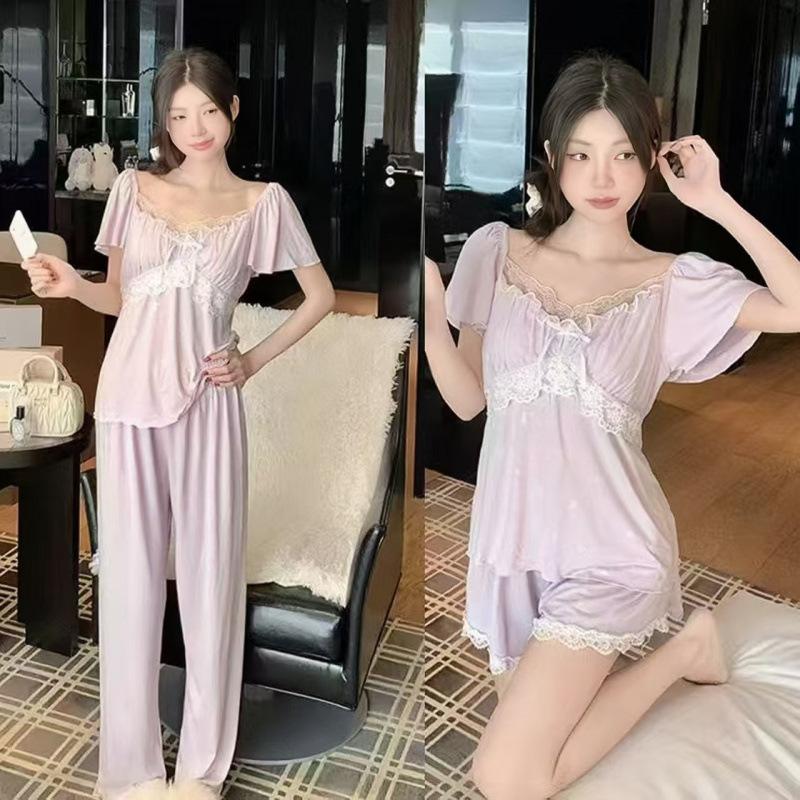 1011 summer new modal pajamas women's high-end short-sleeved trousers with chest pads thin loungewear three-piece set
