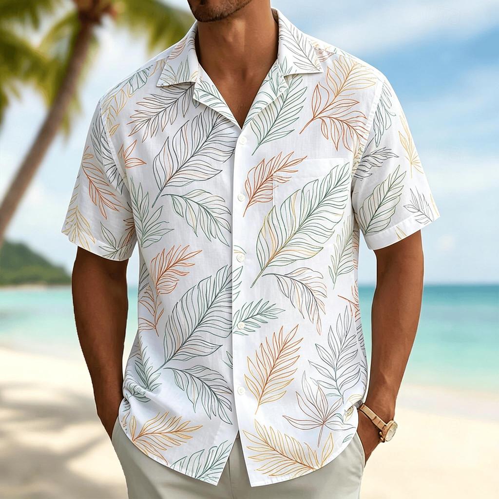 Men's Palm Leaf Print Short Sleeve Shirt, Casual Hawaiian Button Down Top for Men, Tropical Beach Style for Spring & Summer