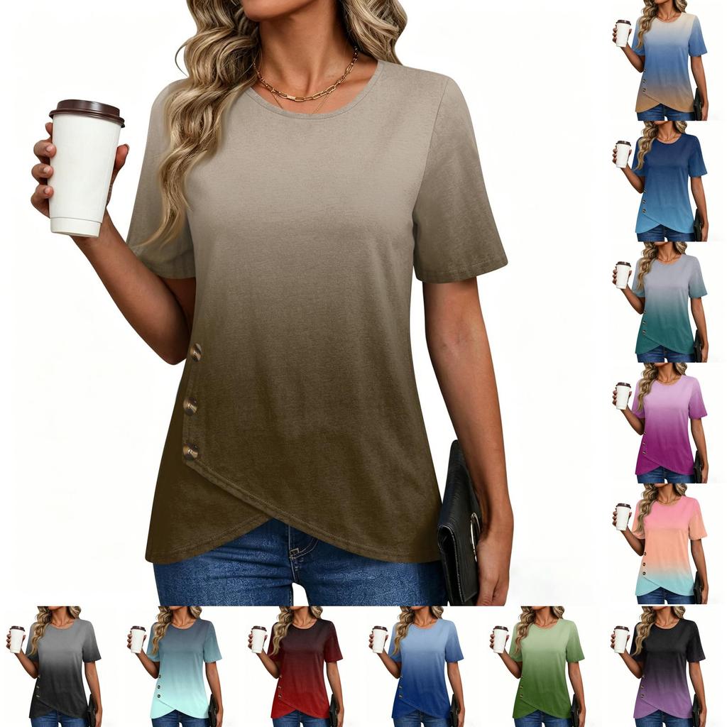 Women's Short Sleeve Crew Neck Gradient Print T Shirt Button Detail Casual Lightweight Top for Everyday Wear